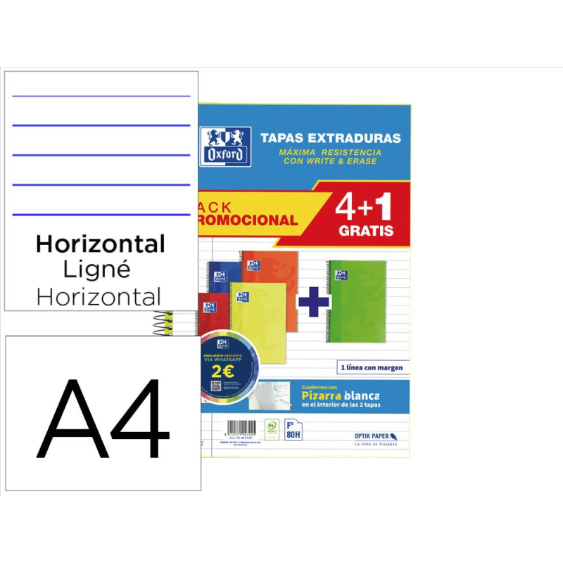Cuaderno espiral oxford tapa extradura folio 80 hojas 90 gr rayado horizontal colores vivos pack de 4+1 unidades