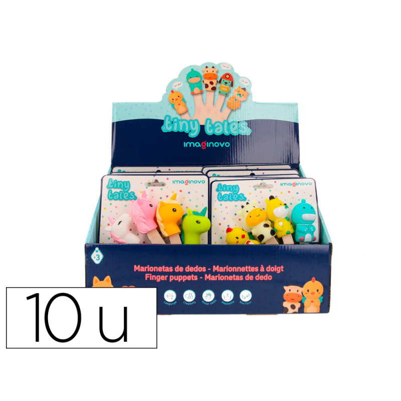Marionetas de dedos imaginovo tiny tales pvc expositor de carton sobremesa 10 unidades surtidas 360x235x320 mm