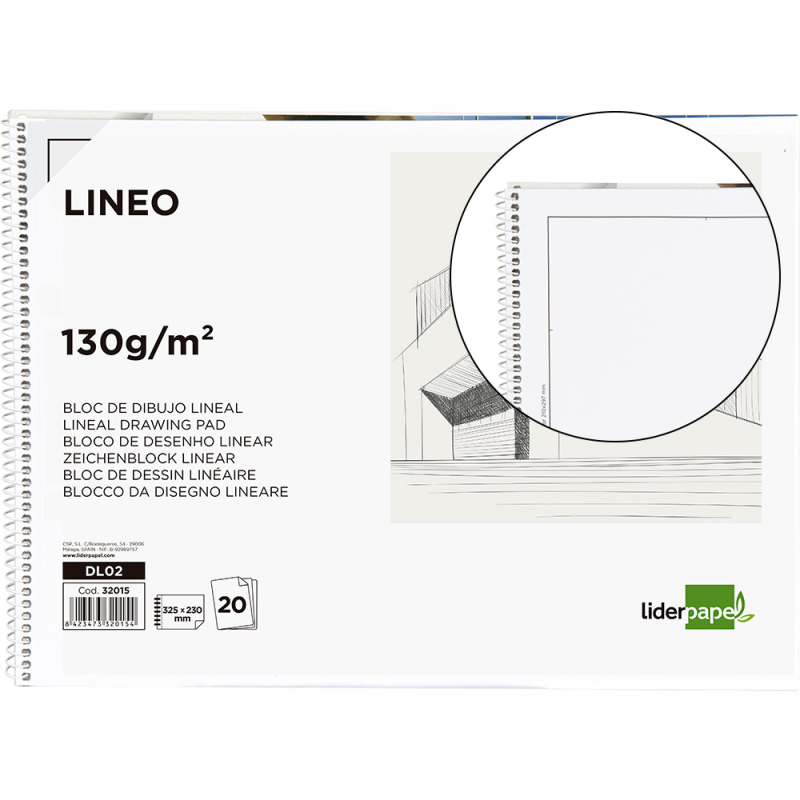 Bloc dibujo liderpapel lineal arquitectura espiral 230x325 mm 20 hojas 130g/m2 con recuadro perforado