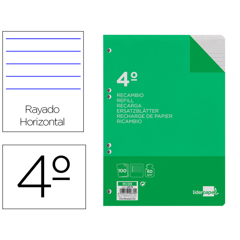 Recambio liderpapel cuarto 100 hojas 60gr horizontal con margen 6 taladros
