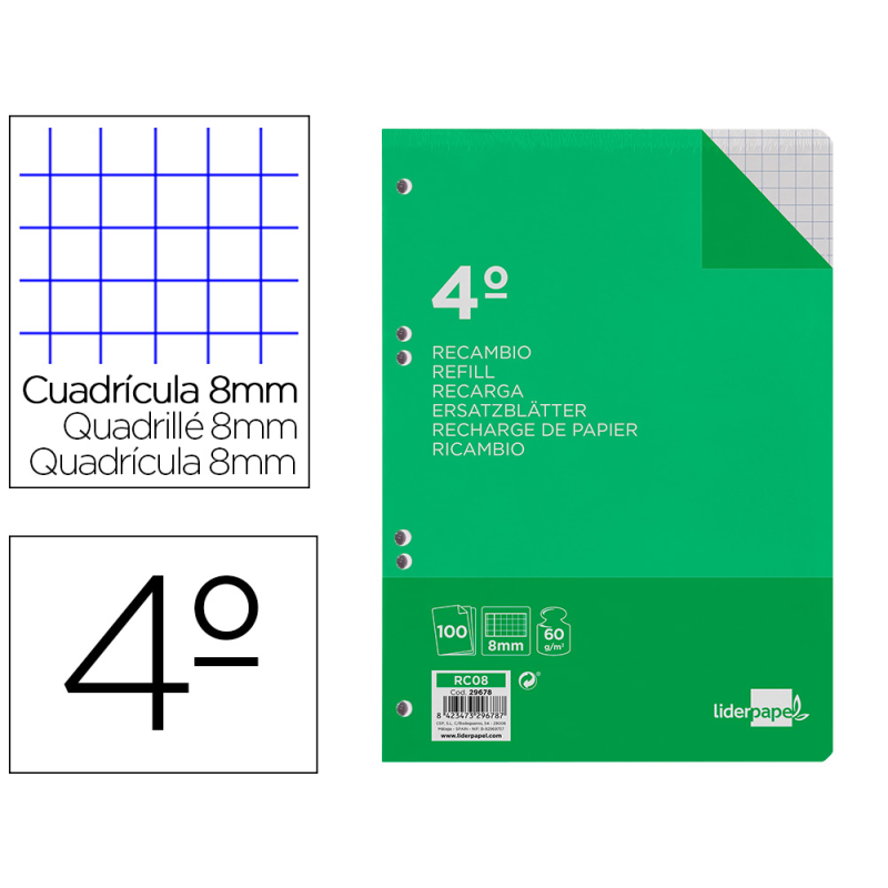 Recambio liderpapel cuarto 100 hojas 60gr cuadro 8mm con margen 6 taladros