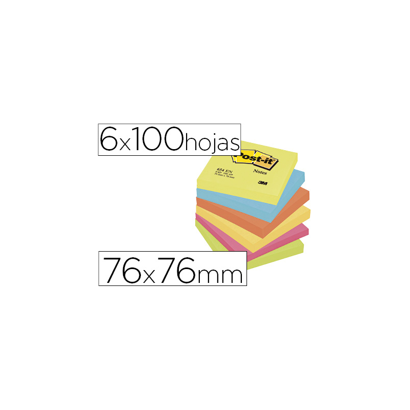 Bloc de notas adhesivas quita y pon post-it 76x76 mm neon pack de 6 blocs surtido