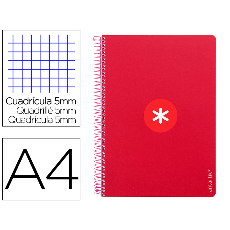 Cuaderno espiral antartik a4 micro tapa dura 80h 100gr cuadro 5mm sin banda4 taladros color frambuesa