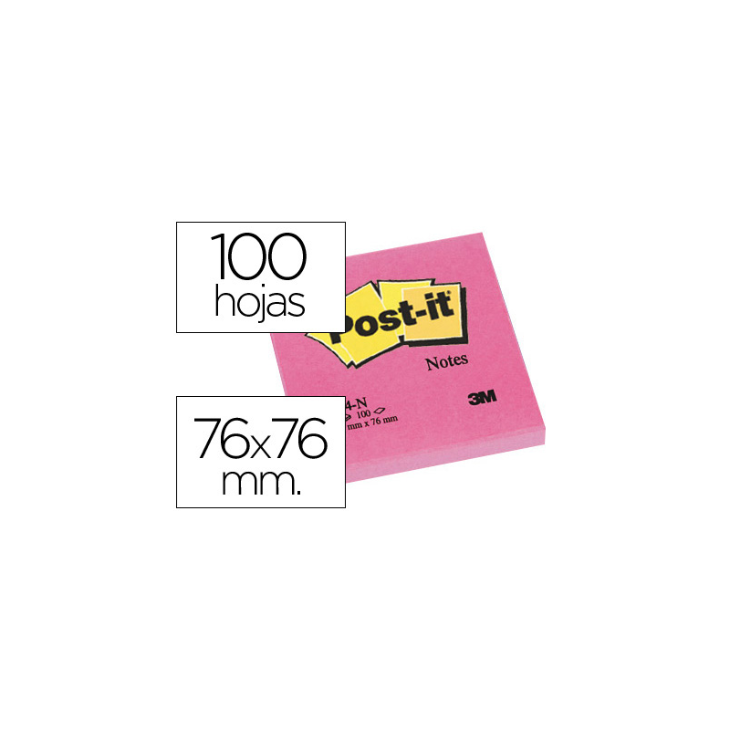 Bloc de notas adhesivas quita y pon post-it 76x76 mm fucsia neon con 100 hojas