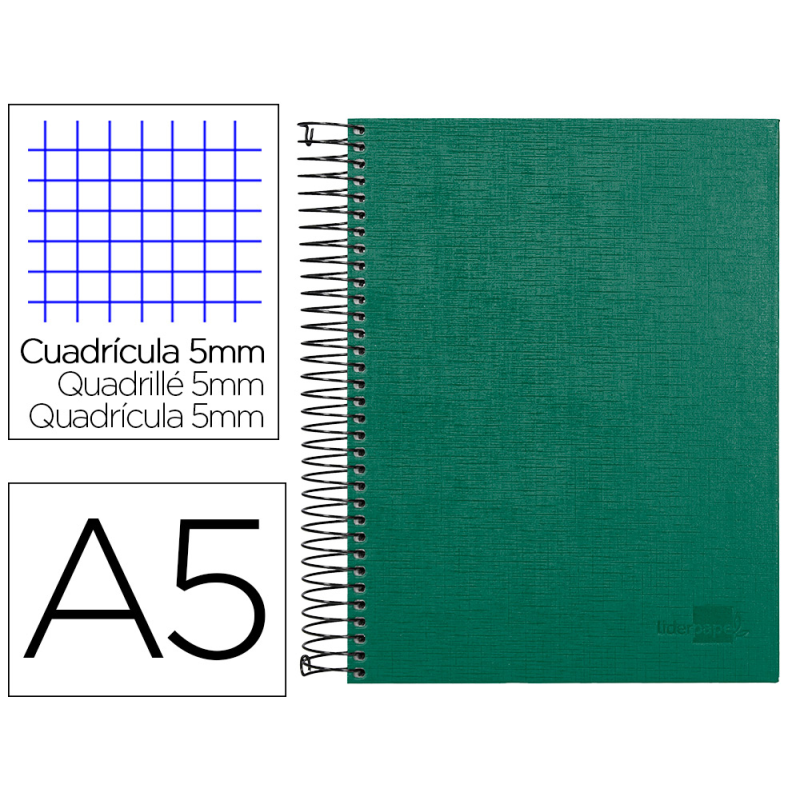 Cuaderno espiral liderpapel a5 micro papercoat tapa forrada 140h 75gr cuadro5mm 5 banda s 6 taladros verde
