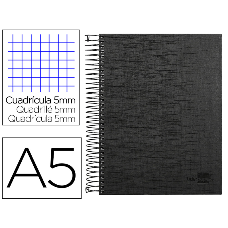 Cuaderno espiral liderpapel a5 micro papercoat tapa forrada 140h 75gr cuadro5mm 5 banda s 6 taladros negro