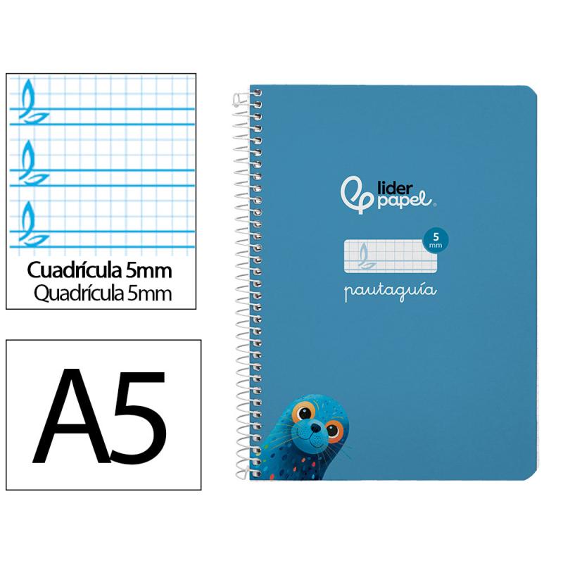 Cuaderno espiral liderpapel a5 pautaguia tapa dura 80h 90 gr cuadro pautado 5mm color azul