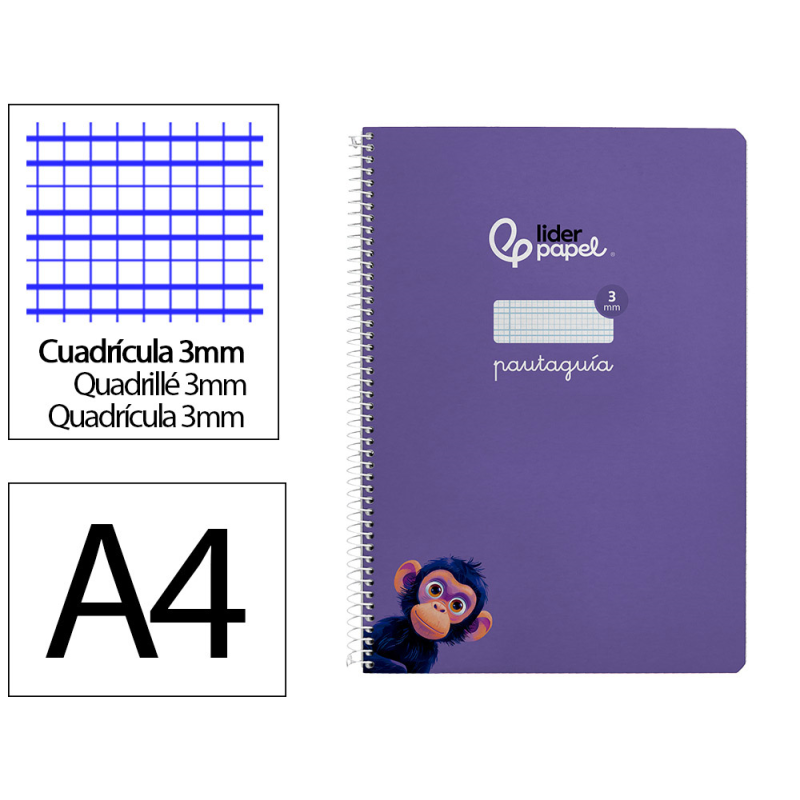 Cuaderno espiral liderpapel a4 pautaguia tapa dura 80h 90 gr cuadro pautado 3mm color lila
