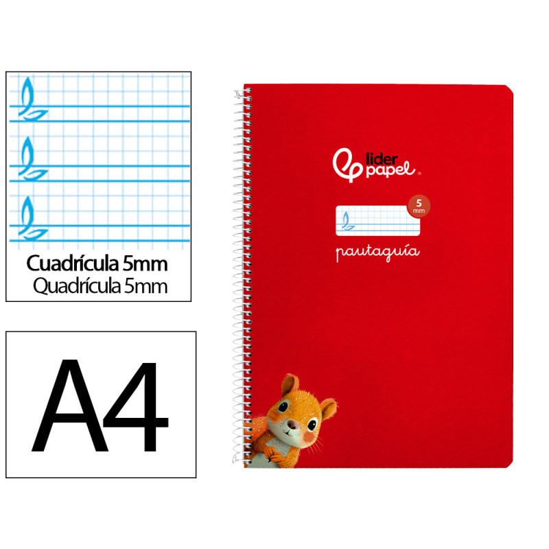 Cuaderno espiral liderpapel a4 pautaguia tapa blanda 80h 75gr cuadro pautado 5mm color rojo