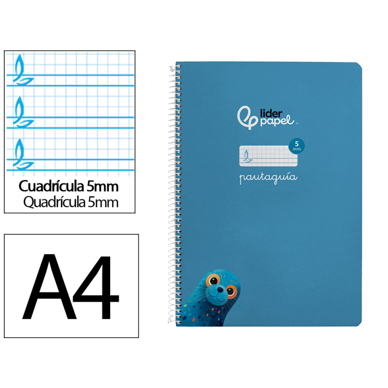 Cuaderno espiral liderpapel a4 pautaguia tapa dura 80h 90gr cuadro pautado 5mm color azul