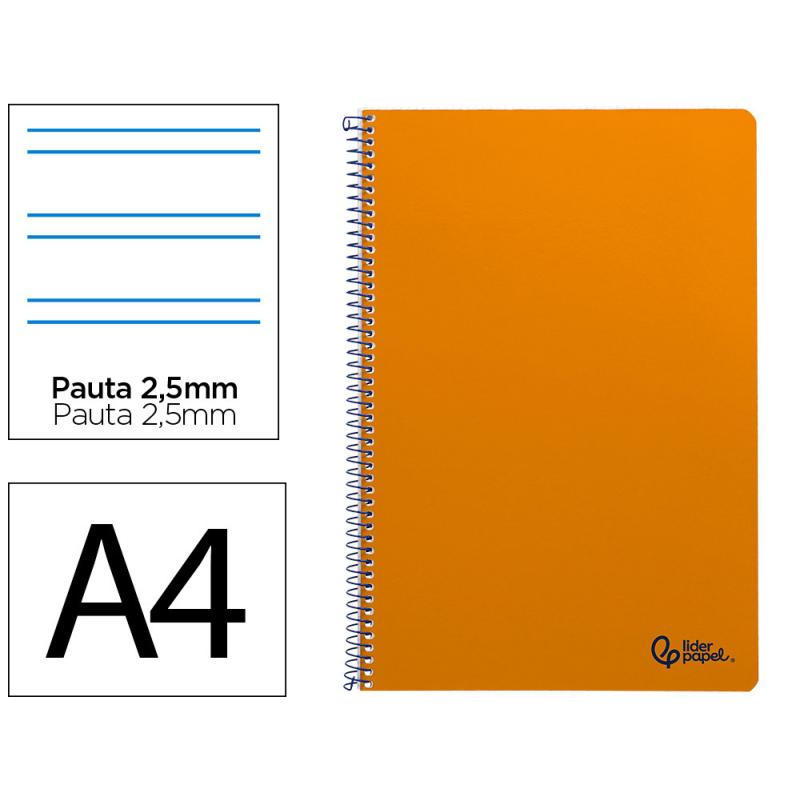 Cuaderno espiral liderpapel a4 smart tapa blanda 80h 75gr pauta 2,5mm con margen color naranja