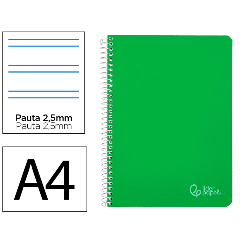 Cuaderno espiral liderpapel a4 witty tapa dura 80h 90gr pauta 2,5mm con margen color verde
