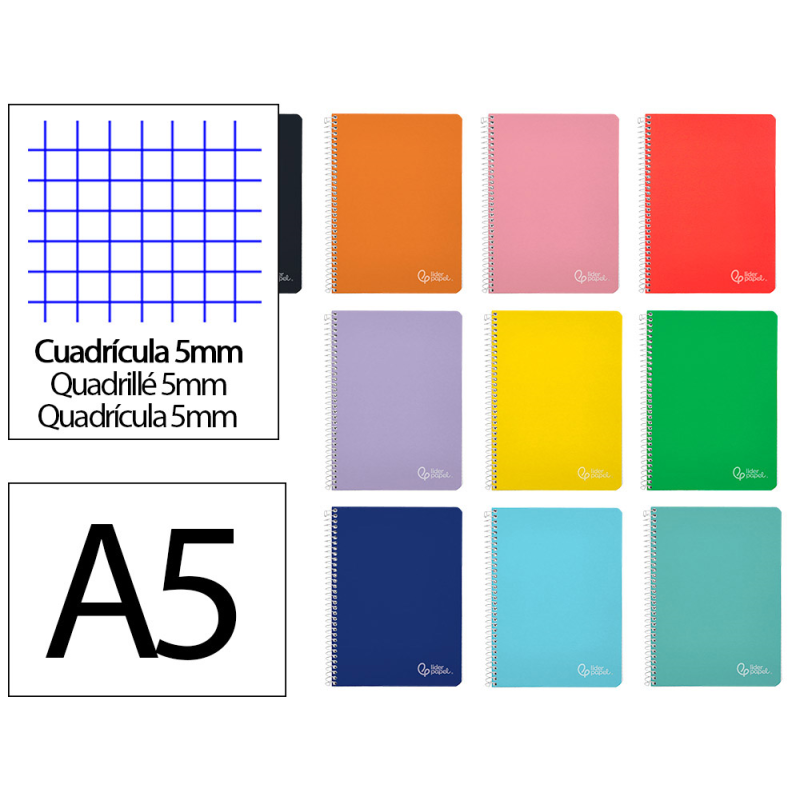 Cuaderno espiral liderpapel a5 witty tapa dura 80h 90gr cuadro 5mm con margen colores surtidos