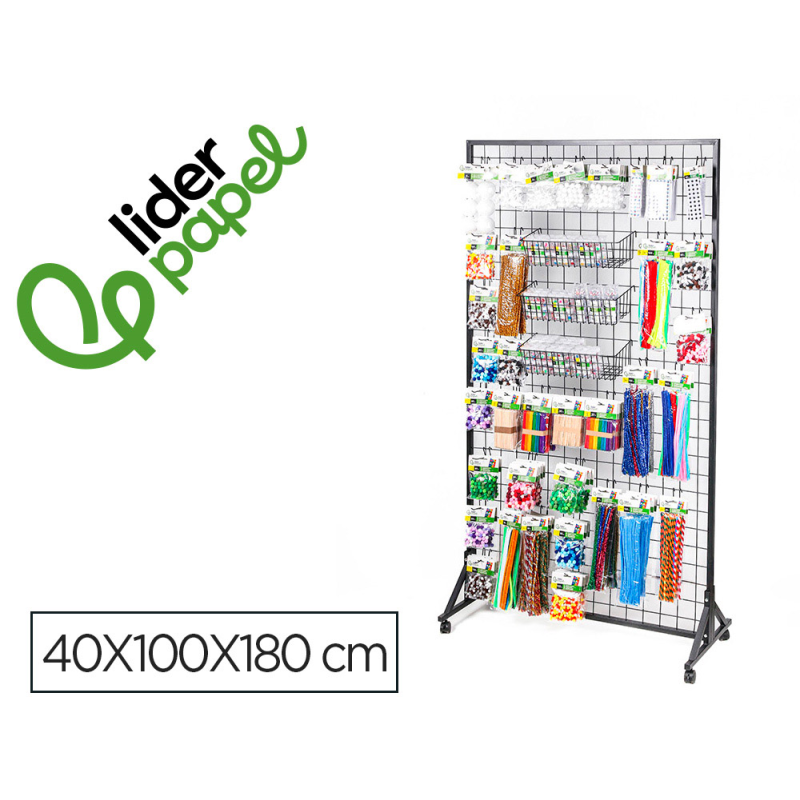 Expositor liderpapel metalico para productos de manualidades con 373 unidades surtidas 40 ganchos y 3 bandejas