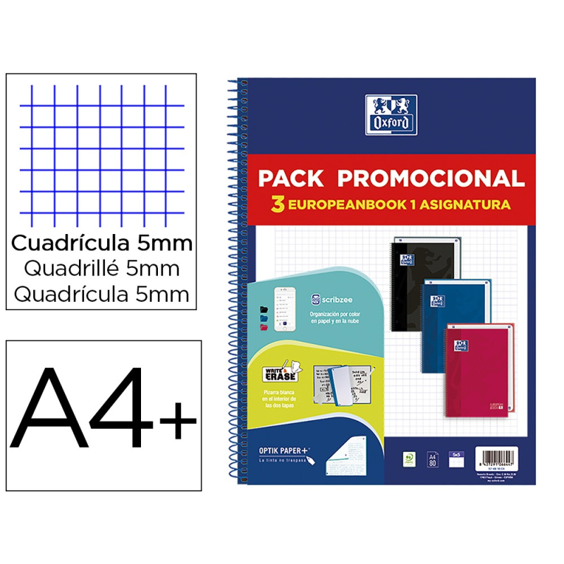 Cuaderno espiral oxford ebook 1 school tapa extradura din a4+ 80h cuadro 5 mm pack de 3 unidades colores surtidos