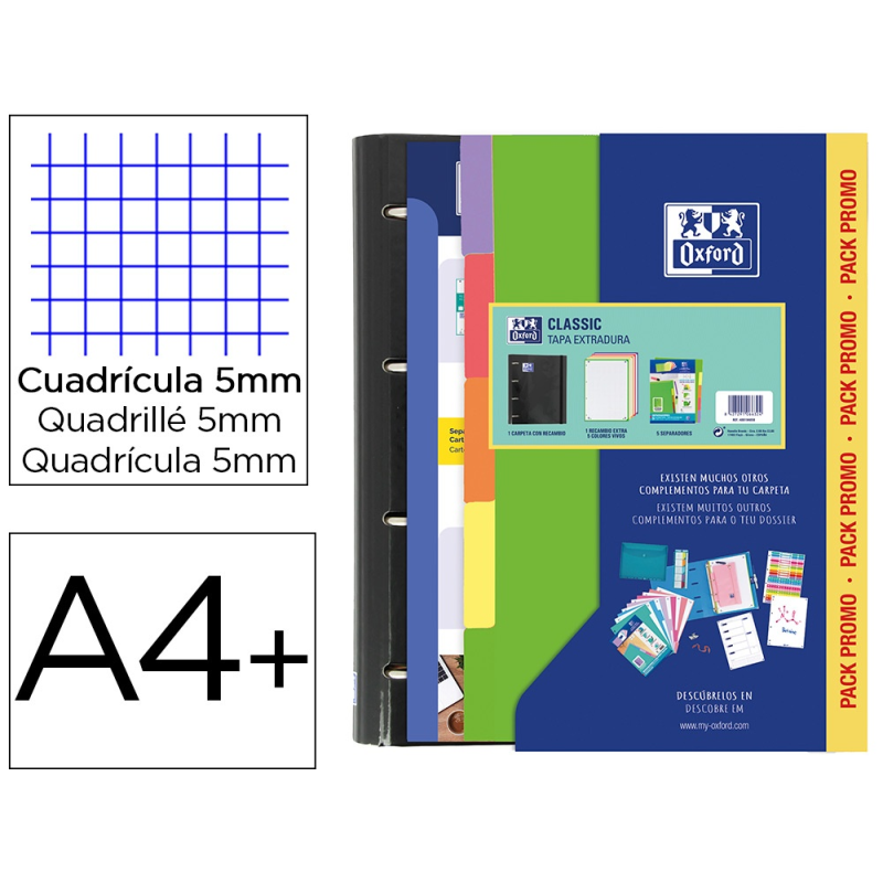 Carpeta con recambio oxford ebinder school din a4+ 4 anillas 35 mm recambio 80 h cuadro 5 mm + juego 5