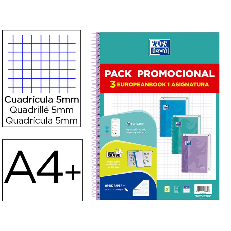 Cuaderno espiral oxford ebook 1 touch tapa extradura din a4+ 80h cuadro 5 mm pack de 3 unidades colores pastel
