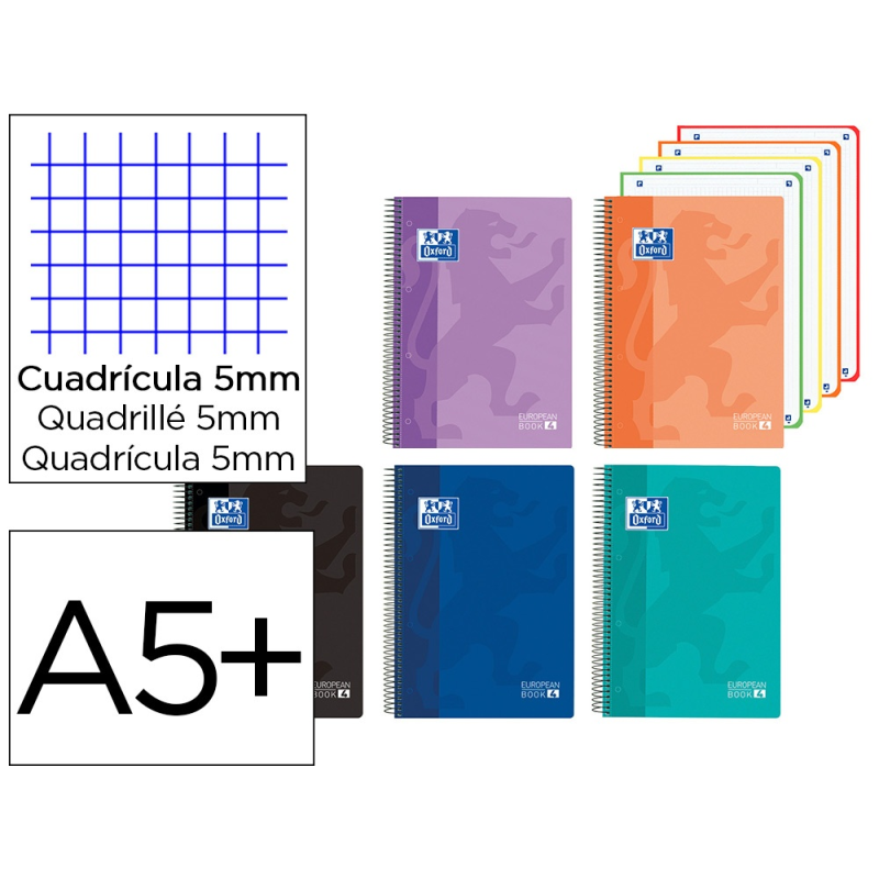 Cuaderno espiral oxford europeanbook 4 classic tapa plastico din a5+ 120 hojas cuadro 5 mm colores vivos