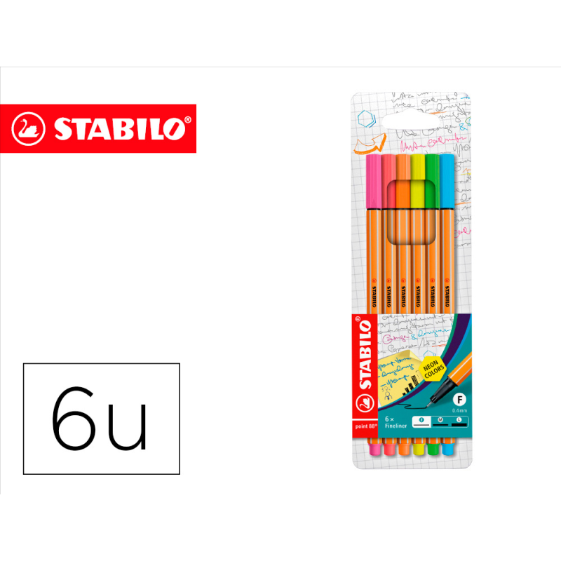 Rotulador stabilo punta de fibra point 88 blister 6 colores surtidos neon