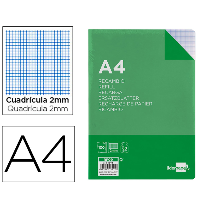 Recambio liderpapel a4 100 hojas 60gr milimetrado sin margen 4 taladros