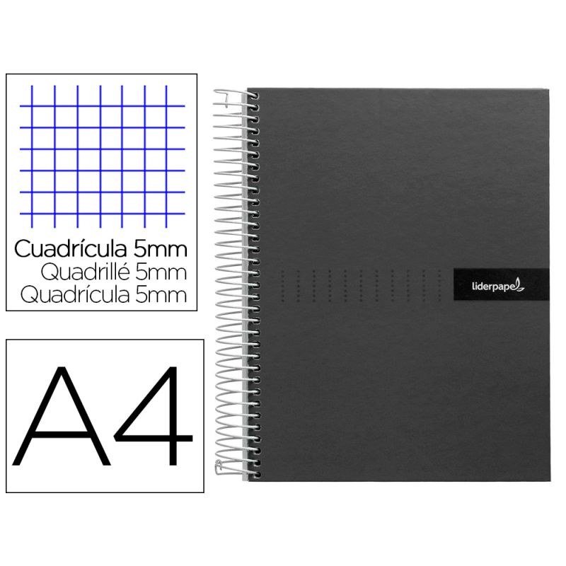 Cuaderno espiral liderpapel a4 micro crafty tapa forrada 120h 90gr cuadro 5mm 5 bandas 4 colores color negro