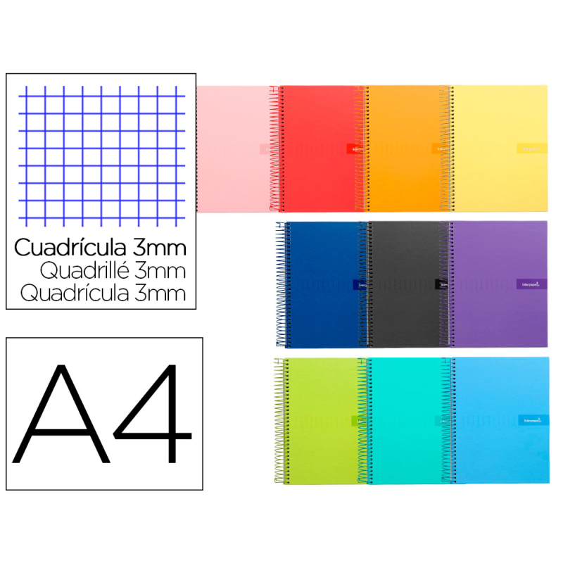 Cuaderno espiral liderpapel a4 crafty tapa forrada 80h 90 gr cuadro 3mm con margen colores surtidos