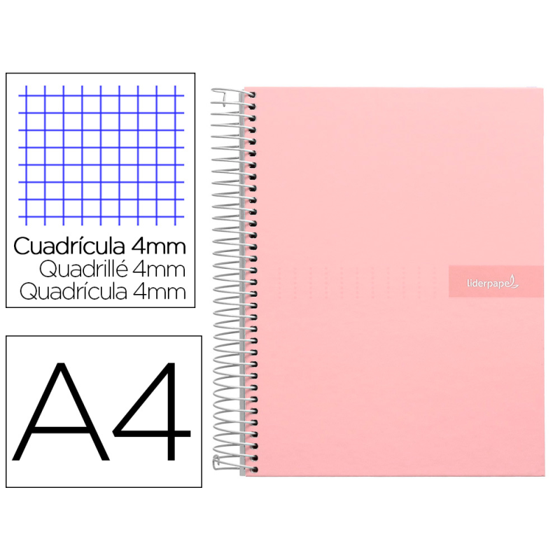 Cuaderno espiral liderpapel a4 crafty tapa forrada 80h 90gr cuadro 4 mm con margen color rosa