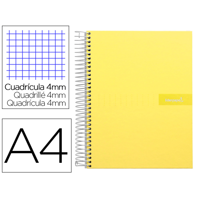 Cuaderno espiral liderpapel a4 crafty tapa forrada 80h 90gr cuadro 4mm con margen color amarillo