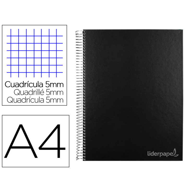 Cuaderno espiral liderpapel a4 micro jolly tapa forrada 140h 75gr cuadro 5mm 5 bandas 4 taladros color negro