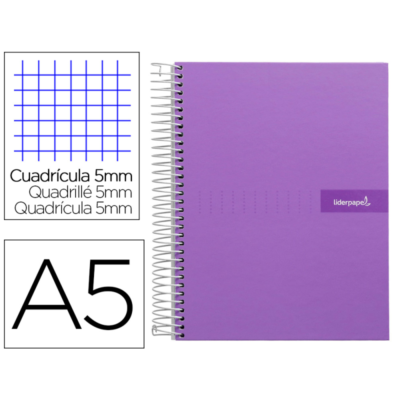 Cuaderno espiral liderpapel a5 micro crafty tapa forrada 120h 90gr cuadro 5mm 5 bandas 6 taladros color violeta
