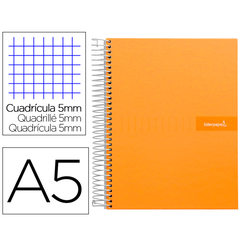 Cuaderno espiral liderpapel a5 micro crafty tapa forrada 120h 90gr cuadro 5mm 5 bandas 6 taladros color naranja