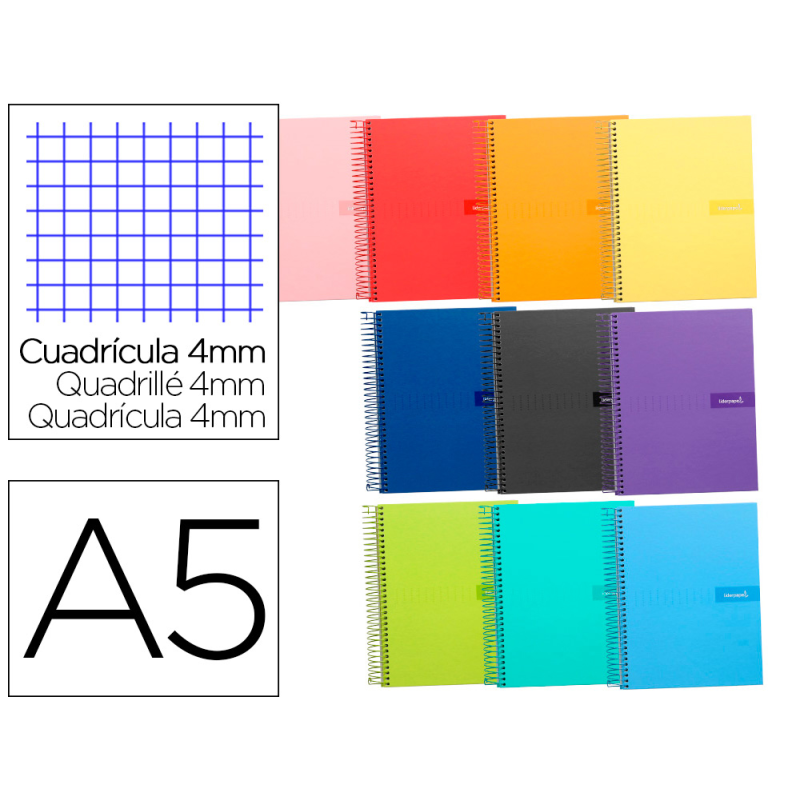 Cuaderno espiral liderpapel a5 crafty tapa forrada 80h 90gr cuadro 4mm con margen colores surtidos