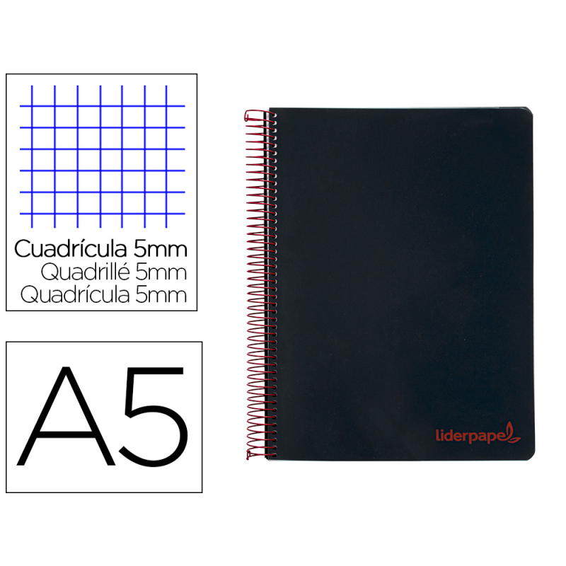 Cuaderno espiral liderpapel a5 micro wonder tapa plastico 120h 90gr cuadro 5mm 5 bandas 6 taladros color negro