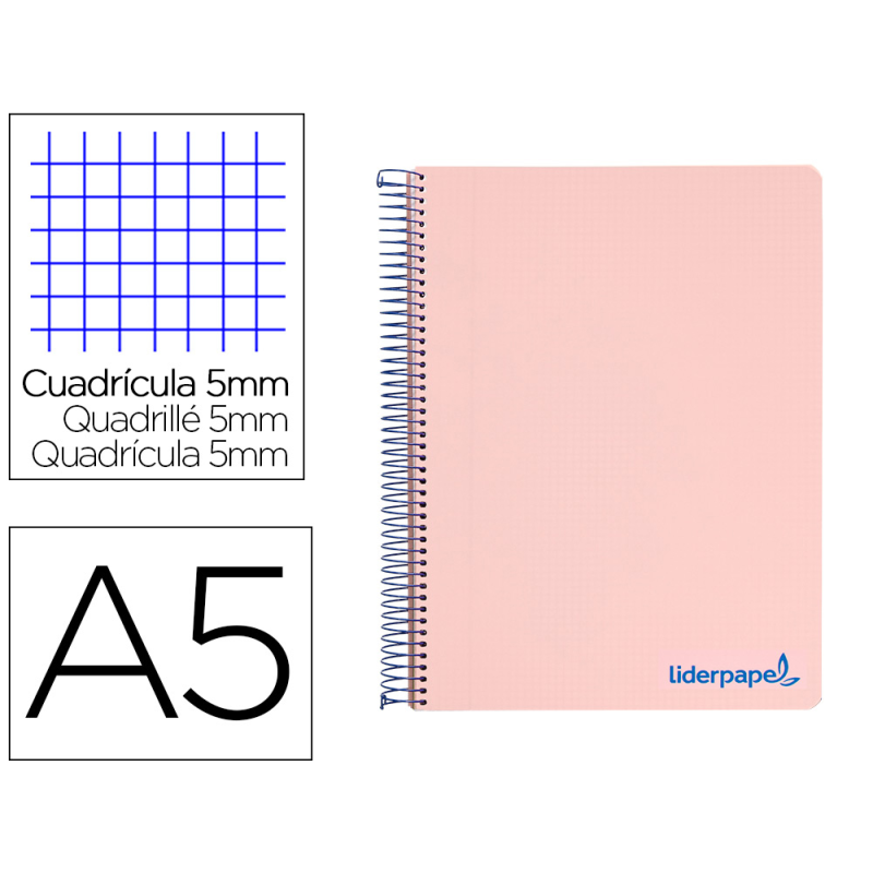 Cuaderno espiral liderpapel a5 micro wonder tapa plastico 120h 90gr cuadro 5mm 5 bandas 6 taladros color rosa