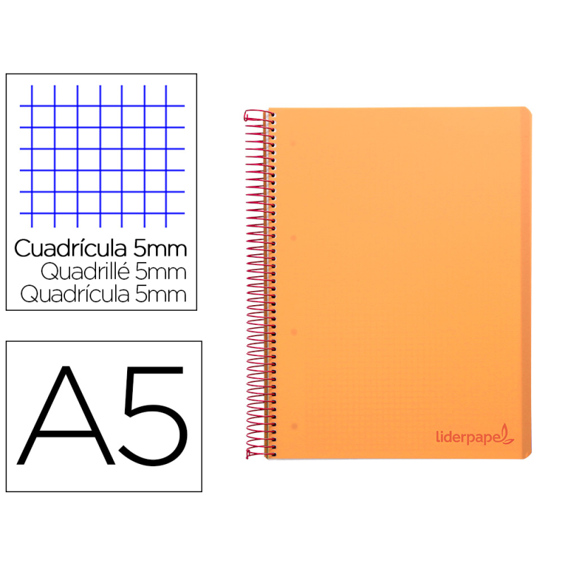 Cuaderno espiral liderpapel a5 micro wonder tapa plastico 120h 90gr cuadro 5mm 5 bandas 6 taladros color naranja