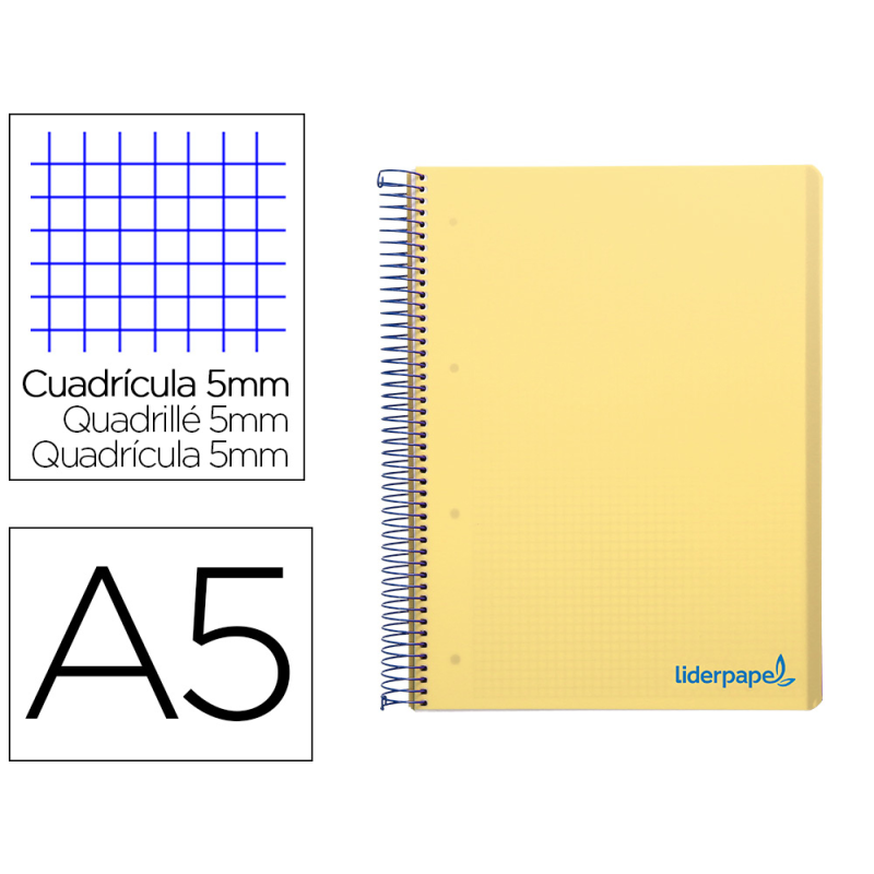 Cuaderno espiral liderpapel a5 micro wonder tapa plastico 120h 90gr cuadro 5mm 5 bandas 6 taladros color amarillo