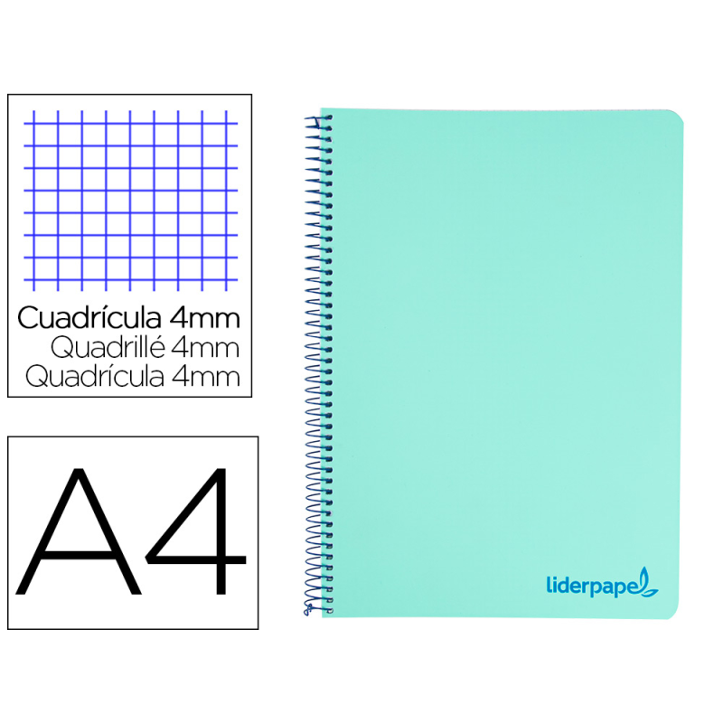 Cuaderno espiral liderpapel a4 wonder tapa plastico 80h 90gr cuadro 4mm con margen color verde pastel