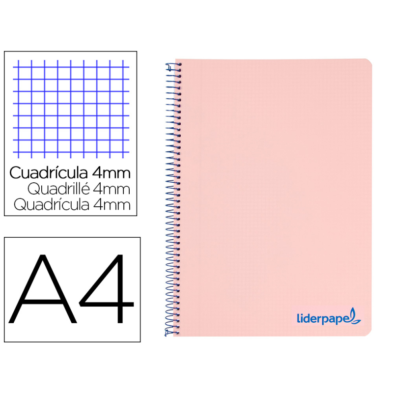 Cuaderno espiral liderpapel a4 wonder tapa plastico 80h 90gr cuadro 4mm con margen color rosa