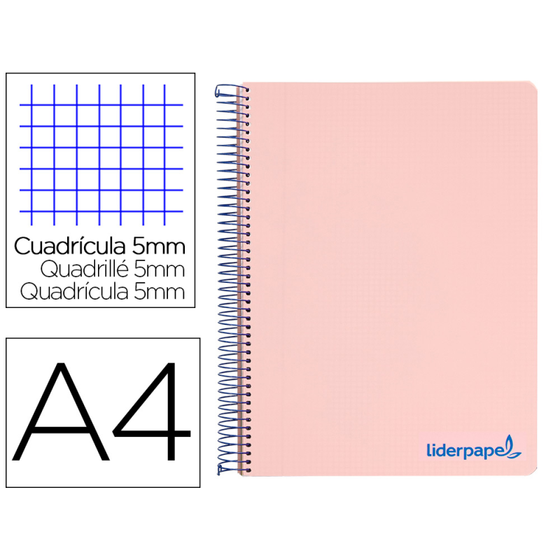 Cuaderno espiral liderpapel a4 micro wonder tapa plastico 120h 90gr cuadro 5mm 5 bandas 4 taladros color rosa