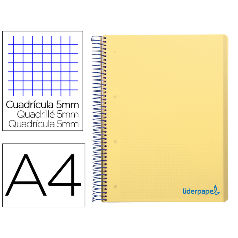 Cuaderno espiral liderpapel a4 micro wonder tapa plastico 120h 90gr cuadro 5mm 5 banda 4 taladros color amarillo