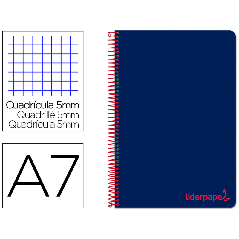 Cuaderno espiral liderpapel a7 micro wonder tapa plastico 100h 90gr cuadro 5mm 4 bandas color azul marino