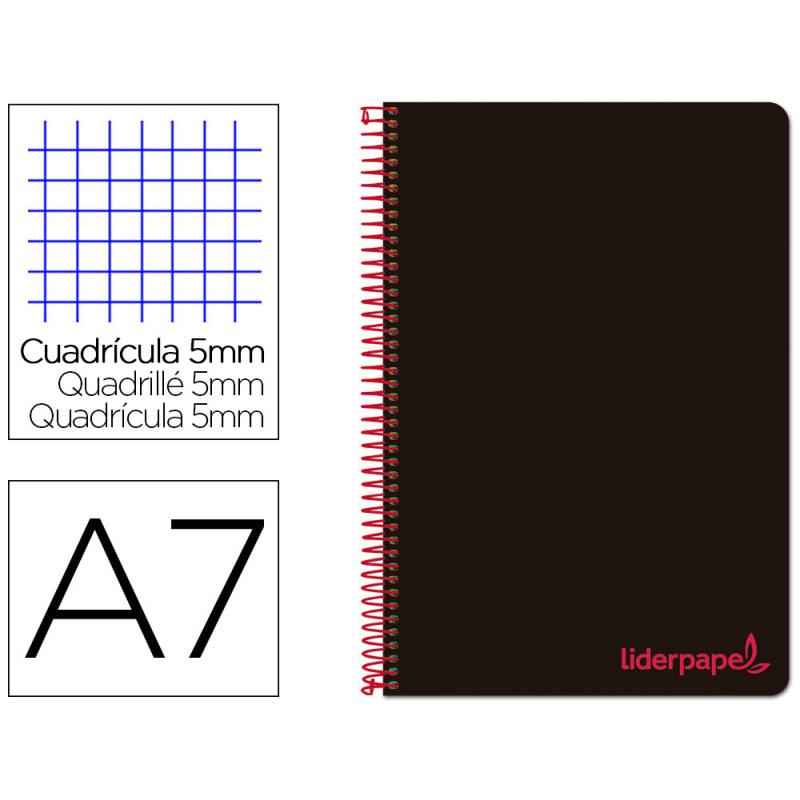Cuaderno espiral liderpapel a7 micro wonder tapa plastico 100h 90gr cuadro 5mm 4 bandas color negro