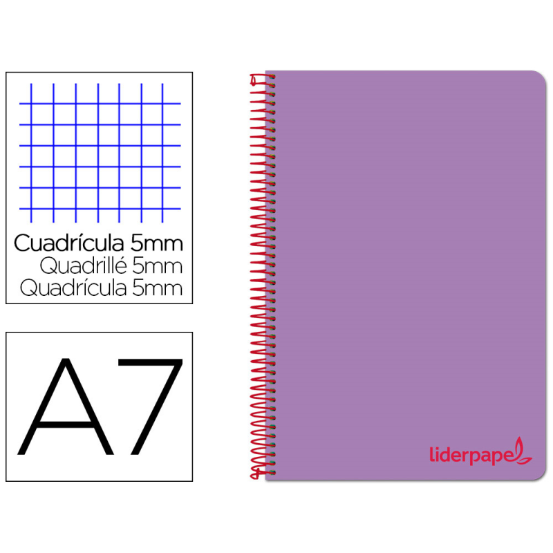 Cuaderno espiral liderpapel a7 micro wonder tapa plastico 100h 90gr cuadro 5mm 4 bandas color violeta