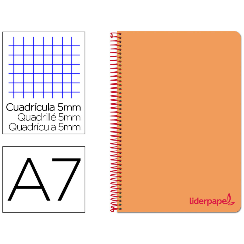 Cuaderno espiral liderpapel a7 micro wonder tapa plastico 100h 90gr cuadro 5mm 4 bandas color naranja