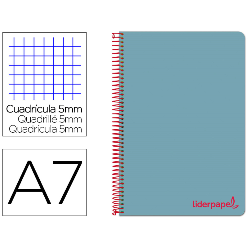 Cuaderno espiral liderpapel a7 micro wonder tapa plastico 100h 90gr cuadro 5mm 4 bandas color celeste