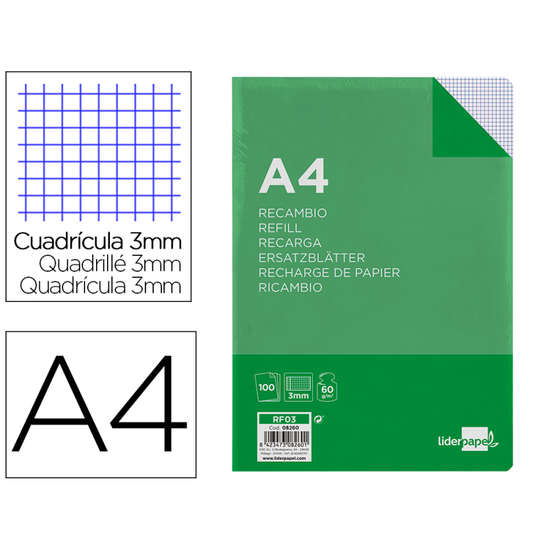 Recambio liderpapel a4 100 hojas 60gr cuadro 3 mm con margen 4 taladros