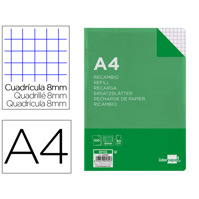 Recambio liderpapel a4 100 hojas 60gr cuadro 8mm con margen 4 taladros