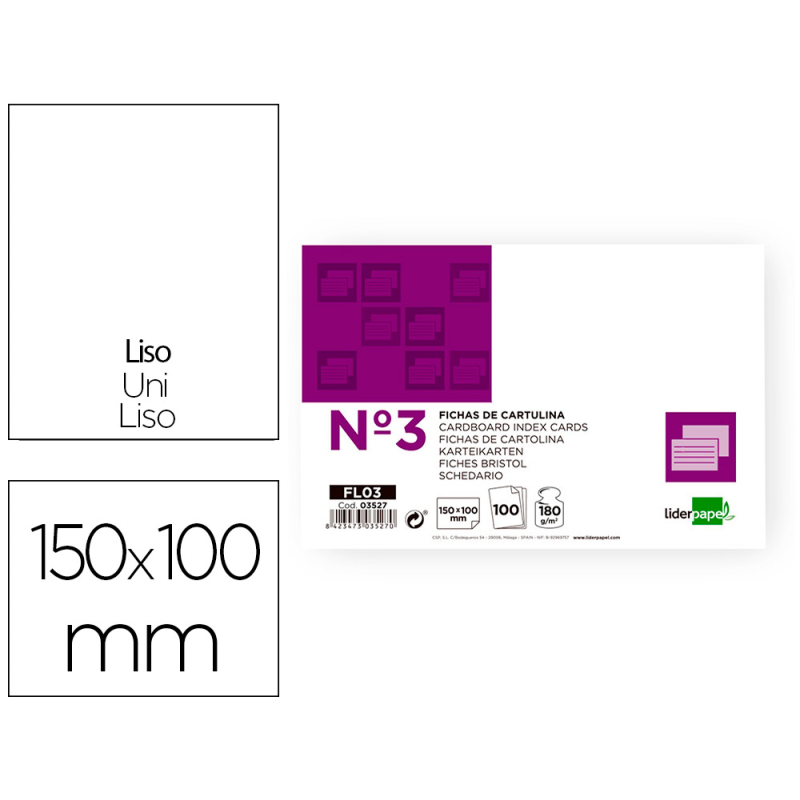 Ficha liderpapel lisa nº3 100x150mm 180 gr paquete de 100 unidades