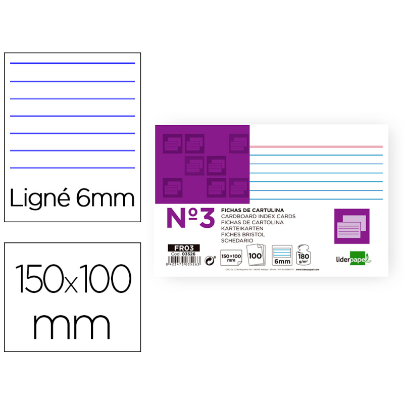 Ficha liderpapel rayada nº3 100x150 mm 180gr paquete de 100 unidades