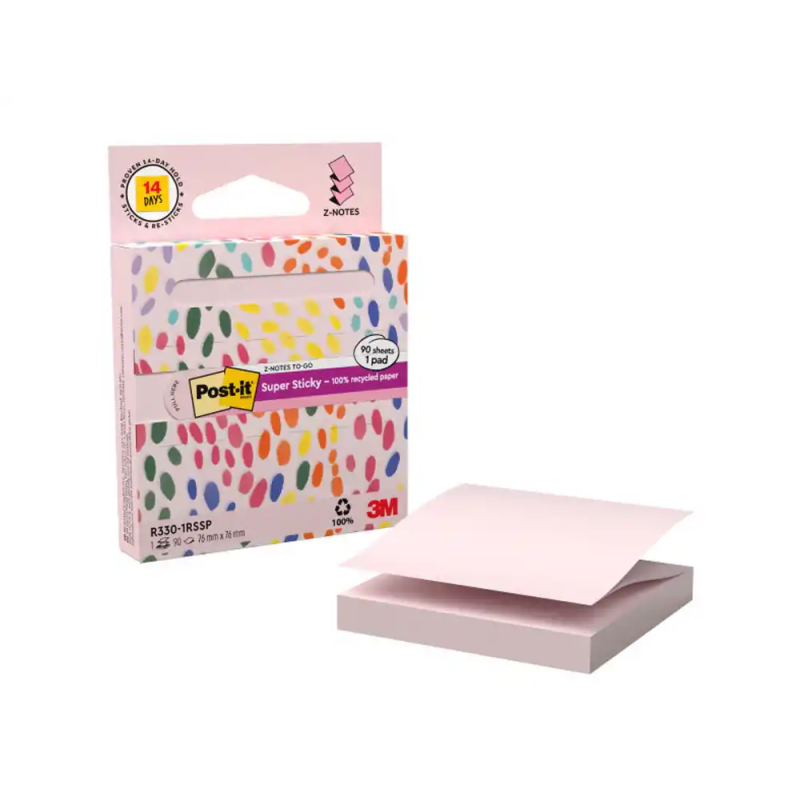 Bloc de notas adhesivas quita y pon post it z-notas super sticky 100% pefc 76x76 mm dispensador 90 hojas rosa